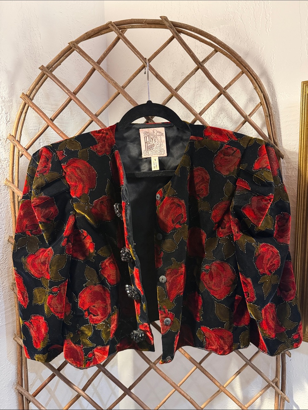 Vintage Floral Velvet Cropped Jacket - Red & Black